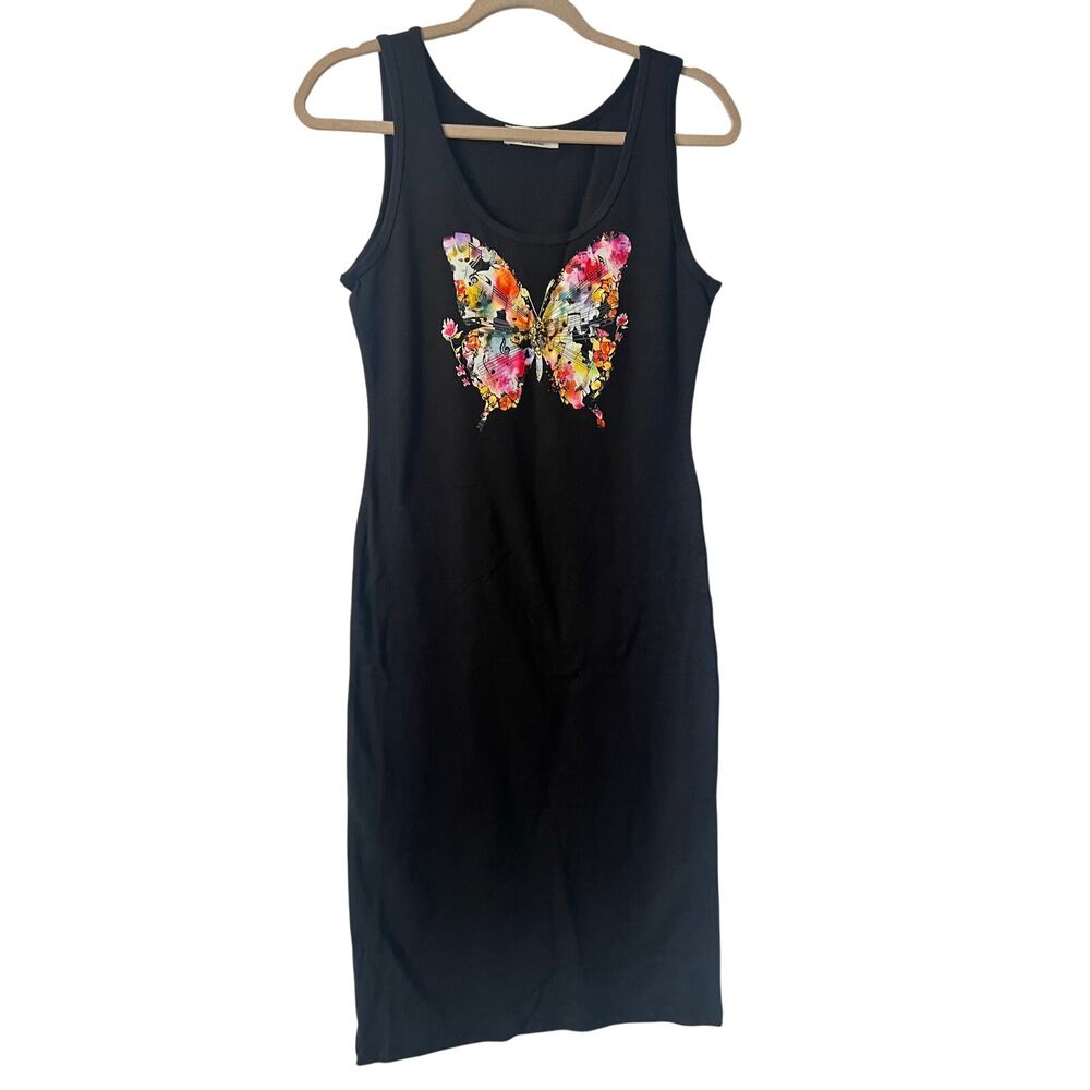 Zenana Custom Graphic Butterfly Midi Sleeveless Black Dress Size Medium New